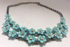 Vintage 1950s - 60s Necklace Blue Flowers and Rhinestone Choker Prom Jewelry