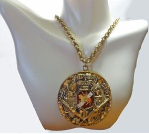 Vintage 1950s Heraldic Crest Large Pendant on Chain Necklace Red Enamel Gold Tone Swords & Knigt - Fashionconservatory.com