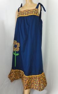 NOS Plus Size Vintage 1970s Dress Blue Cotton Calico Trim Prairie Sundress Flower Power