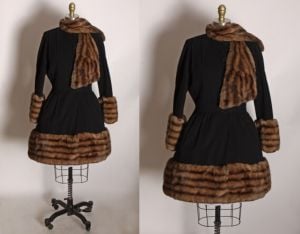 1940s Black Long Sleeve Dyed Russian Squirrel Fur Trim Hem Cuffs Scarf Princess Coat by Swansdown