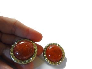 Vintage 80s Dramatic Large Button Earrings Autumn Tone Orange and Gold Tone Clip On - Fashionconservatory.com