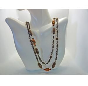 Vintage 1970s Long Necklace Flapper Style with Cocoa Brown and Orange Beads 54'' Boho Hippy