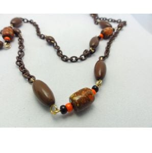 Vintage 1970s Long Necklace Flapper Style with Cocoa Brown and Orange Beads 54'' Boho Hippy - Fashionconservatory.com