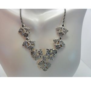 Vintage 1950s Necklace Silver Marcasite Orchid Flower Choker - Fashionconservatory.com