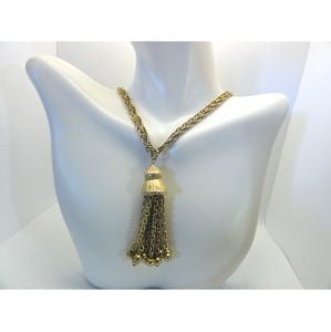 Vintage 1960s- 1970s Tassel Necklace Multi Chain Gold Tone Double Strand with Ball Dangles