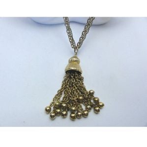 Vintage 1960s- 1970s Tassel Necklace Multi Chain Gold Tone Double Strand with Ball Dangles - Fashionconservatory.com