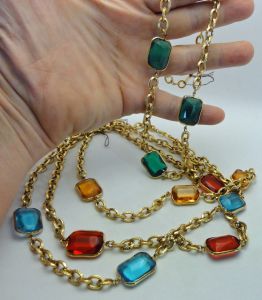 Four Necklace Set Multi Color and Goldtone Vintage 1980s Deadstock Faceted Rectangles and Chain - Fashionconservatory.com