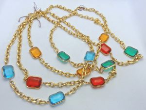 Four Necklace Set Multi Color and Goldtone Vintage 1980s Deadstock Faceted Rectangles and Chain