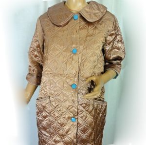 Vintage 1960s Robe Quilted Nylon Satin Gold and Aqua Maxi Length Housecoat Montgomery Ward - Fashionconservatory.com