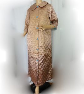 Vintage 1960s Robe Quilted Nylon Satin Gold and Aqua Maxi Length Housecoat Montgomery Ward