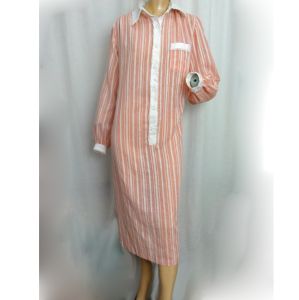 Vintage 1970s Dress Pink Candy Striped Cotton Blend Shift Shirtdress Lace Trim Tall Size