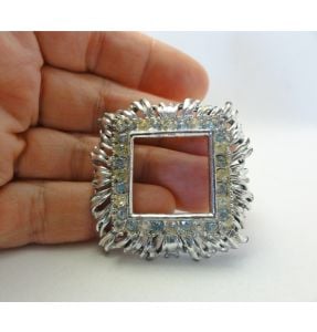 Vintage 1960s Brooch Silver Tone Square Clear Rhinestones Scarf Pin Mid Century Modern