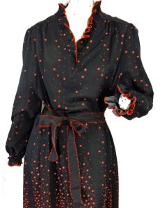 Plus Size Vintage 70s Shift Dress with Belt Disco Dance Party Black and Red Floral Border Print - Fashionconservatory.com