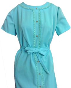 Vintage Mod 60s Day Dress Baby Blue Polyester Knit A Line Lace Trimmed ''City Scene'' - Fashionconservatory.com