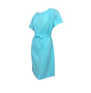 Vintage Mod 60s Day Dress Baby Blue Polyester Knit A Line Lace Trimmed ''City Scene''