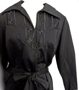 NOS Vintage 70s Dress Black Polyester Deadstock Forever Young Half Size - Fashionconservatory.com
