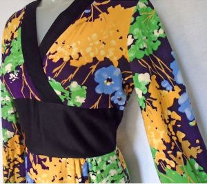 1960s Maxi Lounge Dress Cozy Asian Inspired Geisha Look, Long Bell Sleeves, Obi Waist - Fashionconservatory.com