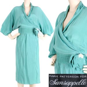 8 Vintage 1970s Sansappelle KARIE PATTERSON Green Silk Kimono Wrap Dress 70s