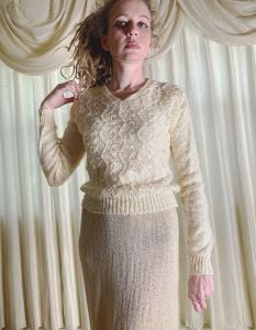 S-M/ 70’s Vintage Cream Sweater, Form Fitting Boho V-Neck Sweater by California Trends
