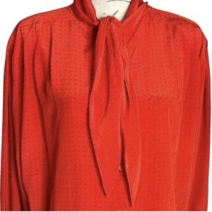 Vintage 80s Liz Claiborne Red Black Dots Long Sleeve Bow Tie Collar Blouse - Fashionconservatory.com