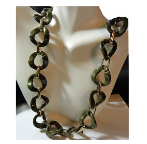 Vintage Chunky Chain Necklace Green/Gray Plastic & Gold Tone Metal Connectors Adjustable Length