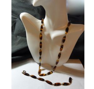 Vintage 1970s Necklace and Bracelet Set Faux Tortoise Oval Plastic Beads
