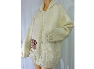 Vintage 70s Sweater Zipped Chunky Knit Fishing Cardigan Off White and Brown - Fashionconservatory.com