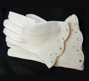 Vintage 1960s Off White Dress Gloves Van Raalte Grandoe Rhinestone and Pearl Trimmed Deadstock