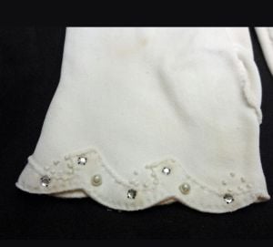 Vintage 1960s Off White Dress Gloves Van Raalte Grandoe Rhinestone and Pearl Trimmed Deadstock - Fashionconservatory.com