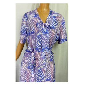 NOS Plus Size Vintage 70s Dress Purple & White Abstract Print Polyester Jersey with Bow Tie Neck, Fr - Fashionconservatory.com
