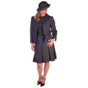 Vintage Nina Ricci  Paris Couture 1950s Gray Wool Dress Suit+ Hat  Green Polka Dot Ladies who Lunch - Fashionconservatory.com