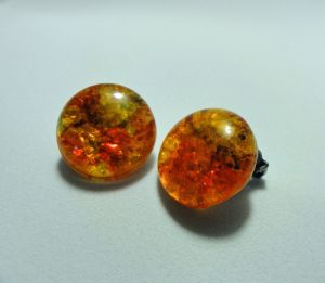 Vintage 60s Lucite Clip On Button Earrings Orange and Clear Marbled