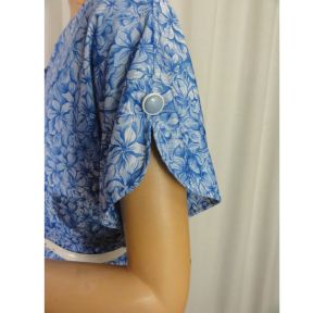 1960s Day Dress Blue Floral Print Button Front Shirtwaist Flutter Sleeves - Fashionconservatory.com