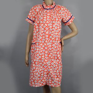 Orange & White Floral Print Vintage 80s House Dress with Ruffled Accents M L