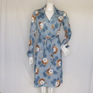 Blue Floral Vintage Dress, S/M. Wrap, Wide collar, Cuffed, Sears Jr. Bazaar