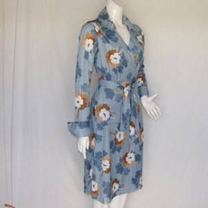 Blue Floral Vintage Dress, S/M. Wrap, Wide collar, Cuffed, Sears Jr. Bazaar - Fashionconservatory.com