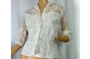 Vintage 1980s Blouse Victorian Revival Off White Lacy Party Jacket Bridal/ Puffy Sleeves