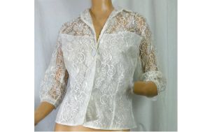 Vintage 1980s Blouse Victorian Revival Off White Lacy Party Jacket Bridal/ Puffy Sleeves - Fashionconservatory.com