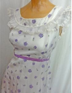 Vintage 70s Formal Sheer White with Purple Empire Waist Prairie Maxi Prom Dress ''Nadine'' - Fashionconservatory.com