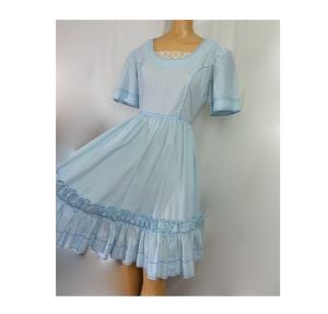 Vintage 70s Rockabilly Dress Baby Blue Cotton Dotted Swiss Prairie Western Square Dance Circle Skirt - Fashionconservatory.com