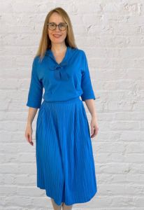 Midcentury Pleated Skirt and Sailor Blouse Outfit 50s 60s Blue Dress Vintage XS