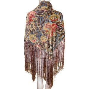 Vintage 1920s Shawl Fringed Silk Devore Velvet Floral Burnout Pattern - Fashionconservatory.com