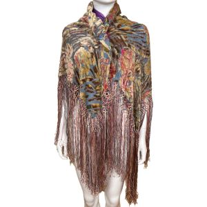 Vintage 1920s Shawl Fringed Silk Devore Velvet Floral Burnout Pattern