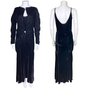 Vintage 1930s Black Velvet Dress with Jacket w Peek-a-Boo Sleeves Ladies Size L