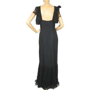 Vintage 1930s Evening Gown Black Crepe Dress with Lace Cap Sleeves Size M L - Fashionconservatory.com