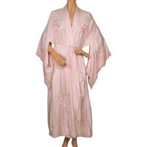 Vintage Japanese Silk Kimono Floral Embroidery Robe Size M L