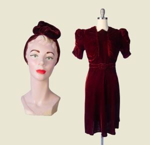 Elegant 1930s Vintage Burgundy Velvet Dress with Matching Turban Hat & Belt