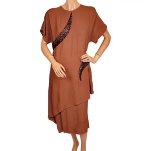 Vintage 1940s Dress Beaded Brown Rayon Crepe Size L