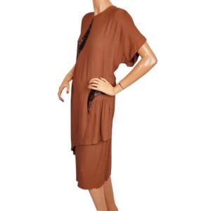 Vintage 1940s Dress Beaded Brown Rayon Crepe Size L - Fashionconservatory.com