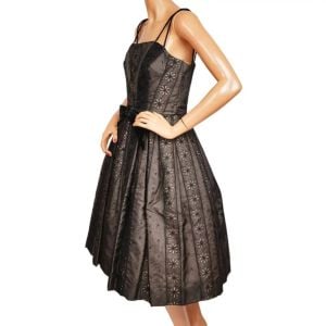 Vintage 1950s Party Dress Eyelet Black Silk Organza w Spaghetti Straps Size M - Fashionconservatory.com